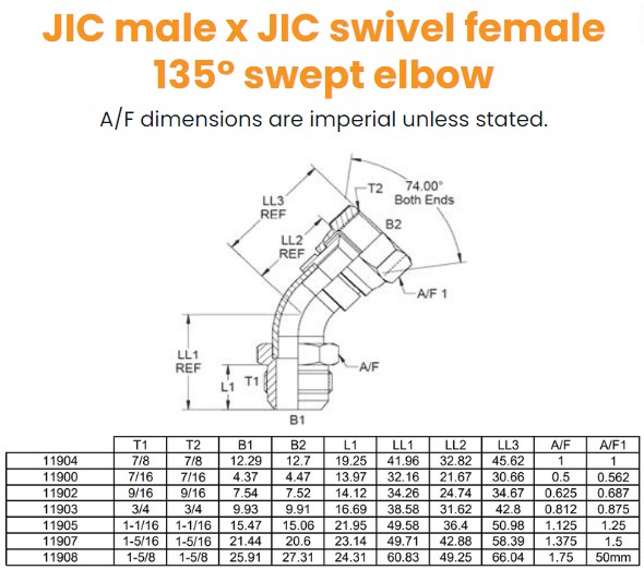 7/8 JIC M/F 135° Swept Hydraulic Adaptor